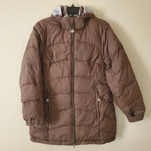 L.L. Bean Brown Down Puffer Stowable Jacket Cost Hooded Ski Size MEDIUM WOMENS